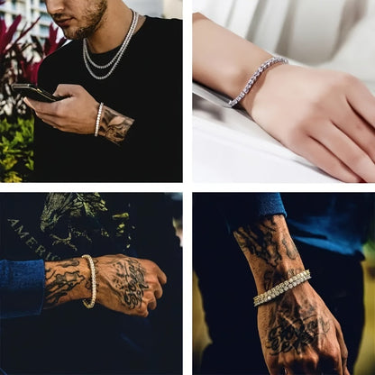 Bracelet tennis en argent sterling 925 et moissanite pour femmes et hommes – Bracelet hip-hop de luxe style zircon cubique, tailles 15 à 23 cm, cadeau d'anniversaire ou de mariage