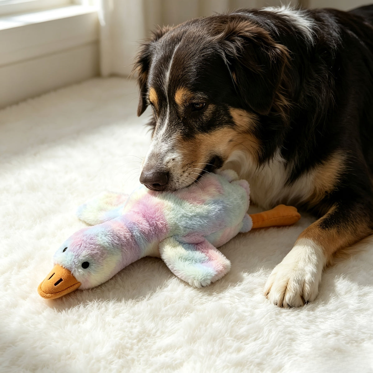 Grande peluche canard tie-dye pour chiens et chats – Jouet compagnon doux et lavable de 50 cm avec yeux brodés et conception sans fermeture éclair pour animaux de toutes tailles