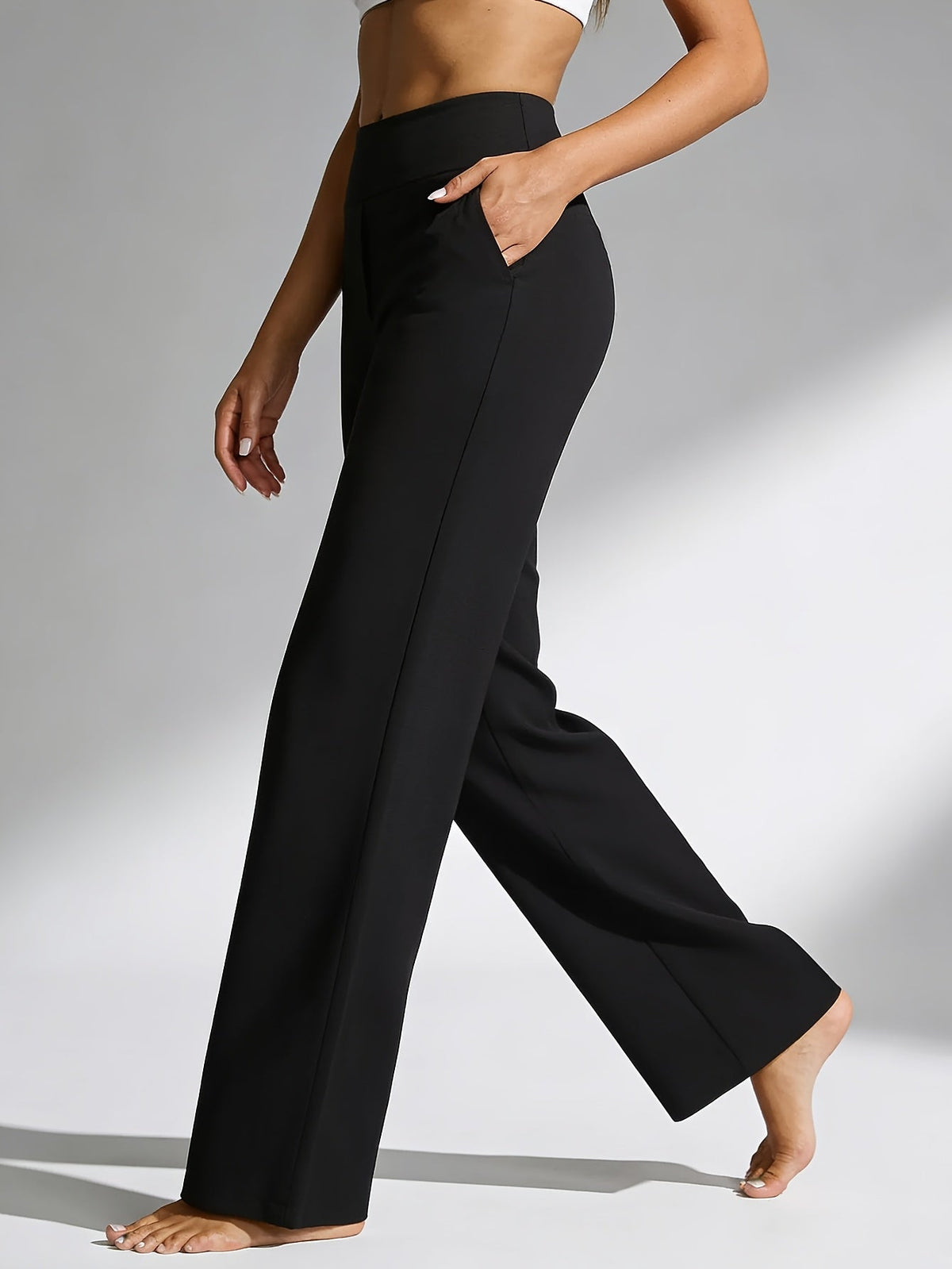 Pantalon de yoga taille haute à jambe droite pour femme avec poches – Vêtement de sport décontracté, extensible et ample pour femme, pantalon d'entraînement uni d'été pour le yoga, la gym, le pilates et le quotidien, S-XXL