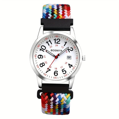 Montre de sport à quartz analogique avec grand cadran à calendrier et bracelet en nylon tressé – Montre-bracelet ronde à lecture facile avec cadran 24 heures pour hommes et femmes, bracelet élastique réglable et souple, 4 styles