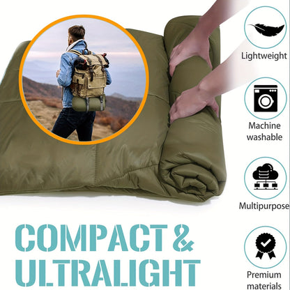 Couverture matelassée de camping, pliable, légère et chaude avec traitement déperlant DWR, incluant un masque de nuit 3D, 140x200 cm, pour camping, voyage, voiture, plage, stade, hamac, canapé et festival