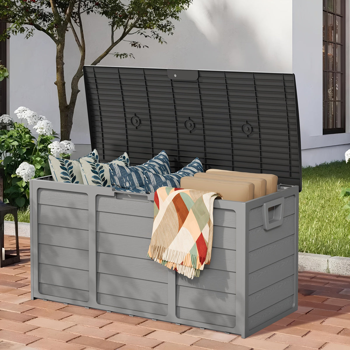 Coffre de rangement extérieur en résine de 284 litres avec poignées pour accessoires de piscine, outils de jardin et équipement de camping
