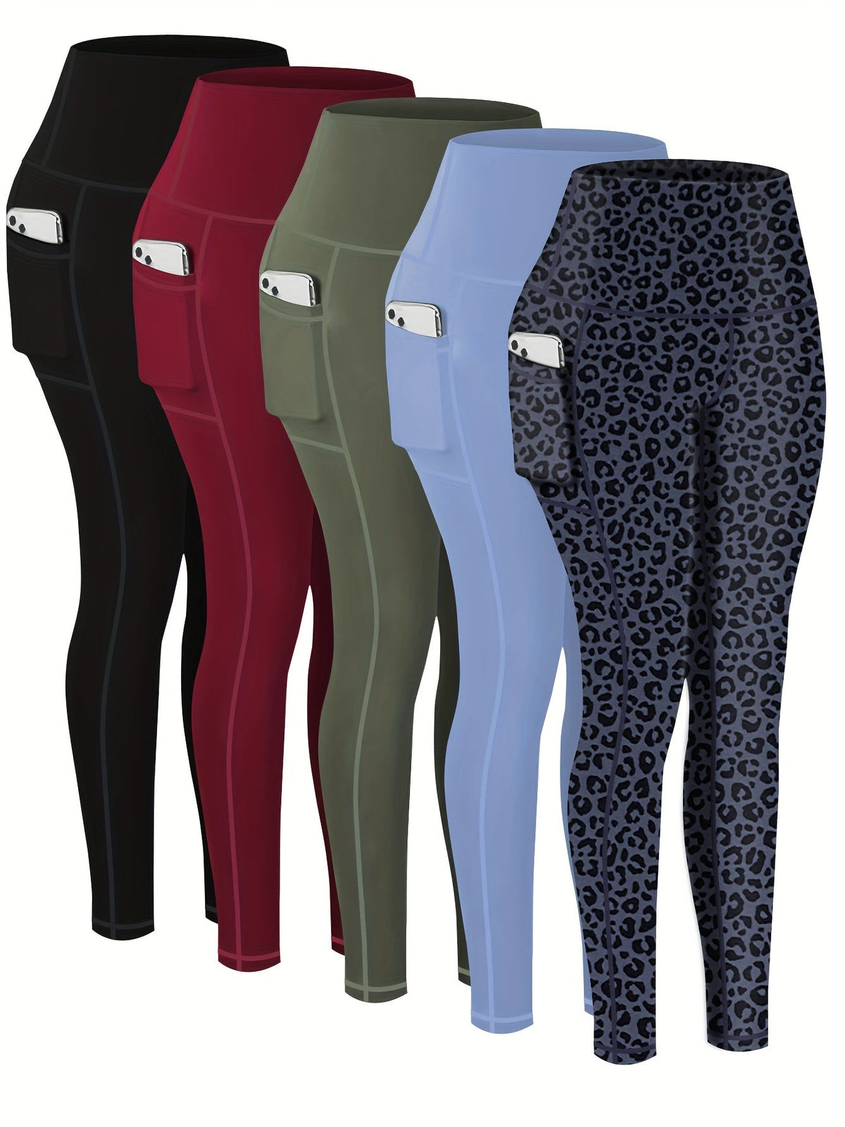 Lot de 5 pantalons de yoga de compression à motifs pour femmes – Leggings de fitness 7/8, coupe cheville, à motifs léopard, camouflage et unis, bas de survêtement de sport taille haute pour la gym, S-XXL