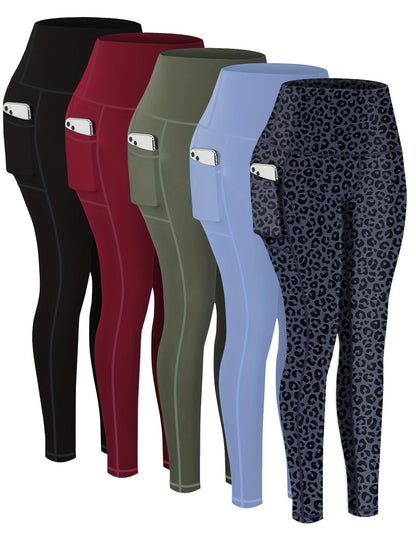 Lot de 5 pantalons de yoga de compression à motifs pour femmes – Leggings de fitness 7/8, coupe cheville, à motifs léopard, camouflage et unis, bas de survêtement de sport taille haute pour la gym, S-XXL