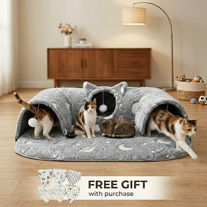 Tunnel-lit pour chat avec mousse à mémoire de forme, balle suspendue et bavoir offert – Condo lounge en peluche détachable, nid pour animaux lavable en machine pour foyers multi-chats, chats de petite à moyenne taille – Velora
