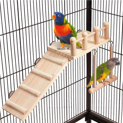 Balançoire perchoir en bois pour oiseaux avec échelle d'escalade - Plateforme de gym multi-niveaux en pin radiata pour perroquets, inséparables, calopsittes, chinchillas, hamsters - Support de jeu, échelle, balançoire et accessoire de cage pour oiseaux