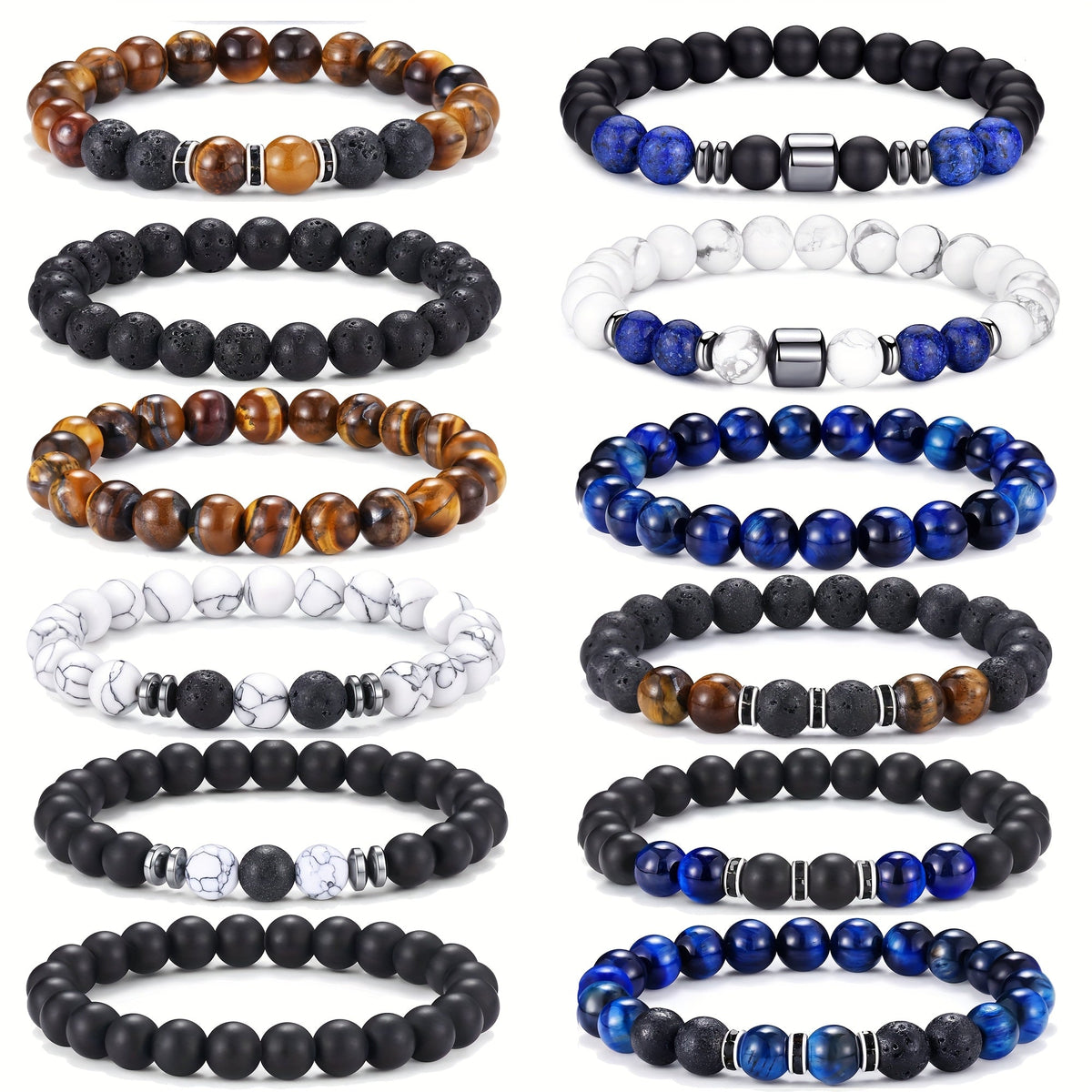Lot de 12 bracelets en perles de pierre naturelle œil de tigre pour hommes et femmes – Bracelet bohème réglable de 8 mm avec perles noires, bijou de poignet unisexe aux tons terreux, cadeau de fête des pères idéal pour la famille