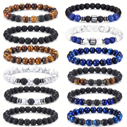 Lot de 12 bracelets en perles de pierre naturelle œil de tigre pour hommes et femmes – Bracelet bohème réglable de 8 mm avec perles noires, bijou de poignet unisexe aux tons terreux, cadeau de fête des pères idéal pour la famille