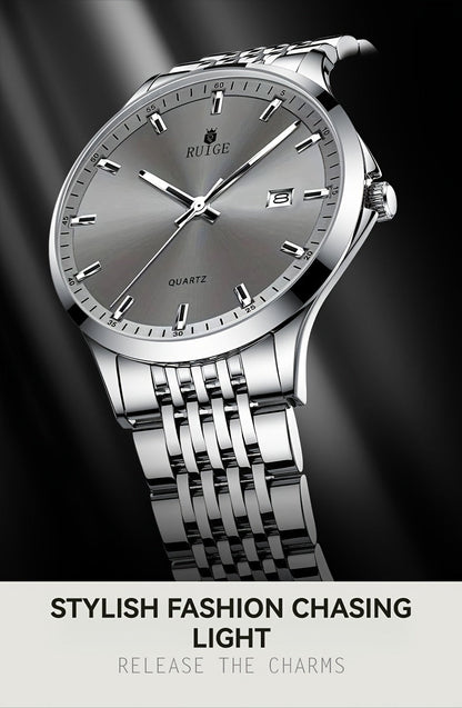 Montre à quartz de luxe pour homme RUIGE en acier inoxydable avec calendrier, fonction nocturne et strass - Montre sport, habillée et décontractée pour homme, cadeau pour lui