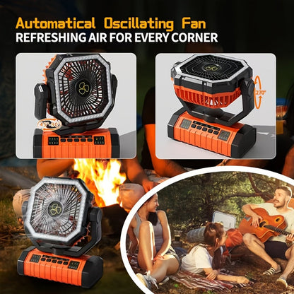 Ventilateur de camping rechargeable 20000 mAh avec éclairage LED intégré, crochet de tente, chargement USB, ventilateur de refroidissement portable sur batterie pour camping, randonnée, pannes de courant, chantiers de construction, modèle orange amélioré