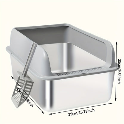 Bac à litière pour chat en acier inoxydable à bords hauts, bac anti-fuites avec pelle et plateau de tamisage, résistant à la rouille, anti-odeurs, anti-adhésif, facile à nettoyer, toilettes pour chats d'intérieur, taille moyenne à grande