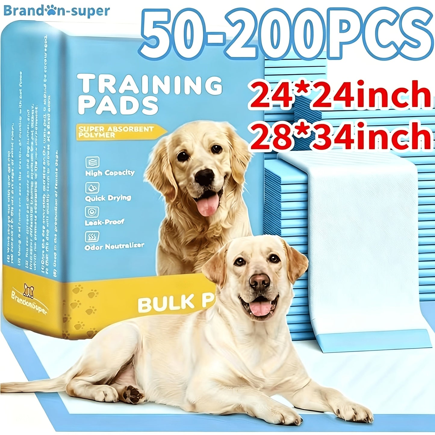 Ultra Absorbent Dog Potty Pads – 300% Thicker Mess-Proof Backing, 28"x34" & 24"x24" Sizes, 50-200 Pads Bulk Pack, for Home Travel & Camping, Ideal for Active Dogs & Puppies