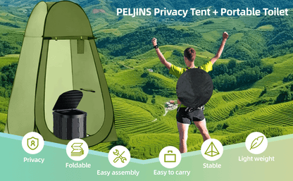 Toilettes de camping portables et tente d'intimité – Tente WC escamotable pour adultes avec 12 sacs, piquets de sol, cordes coupe-vent et tapis isolant, toilettes pliables pour le camping, les voyages et la randonnée