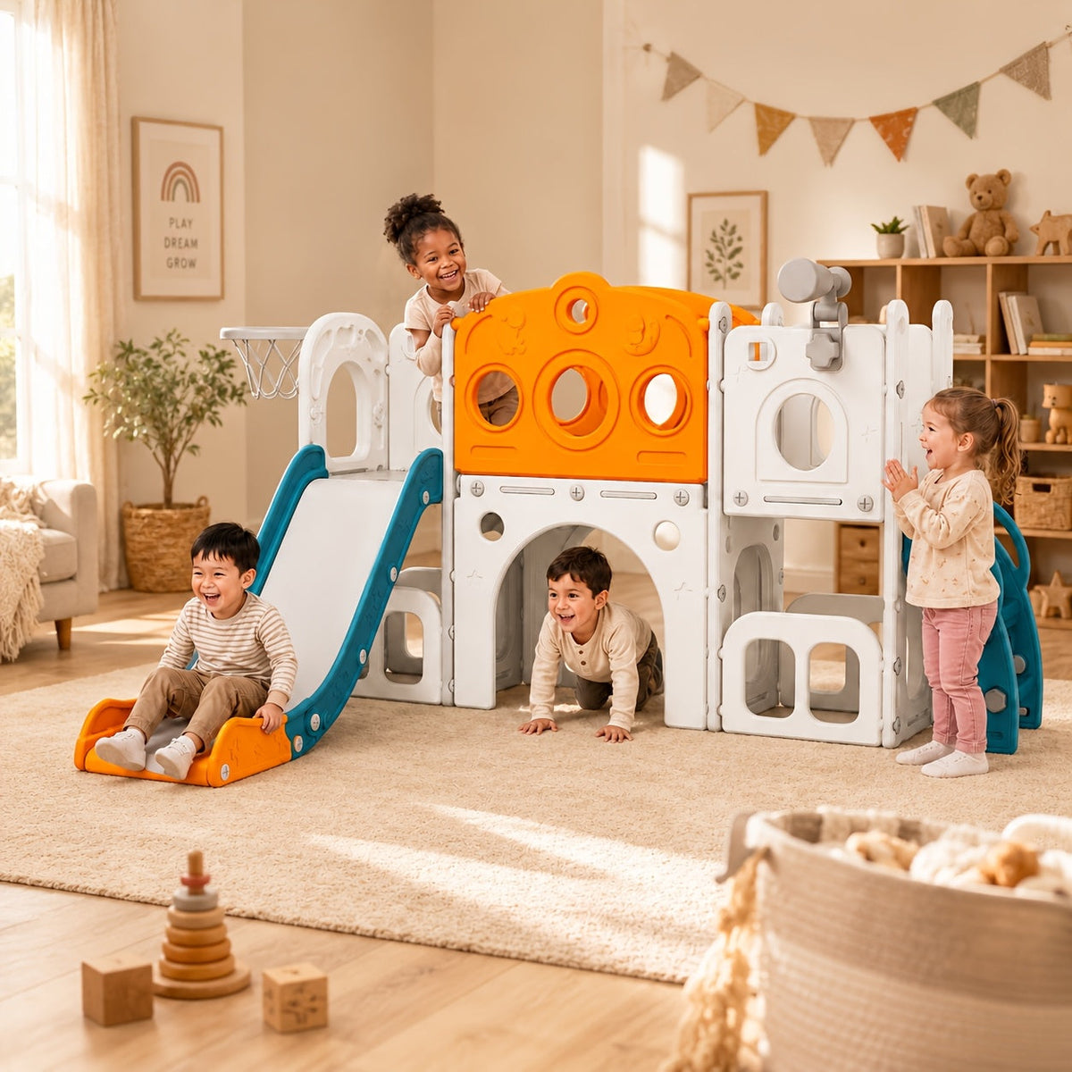 Toboggan pour enfants, aire de jeux intérieure et extérieure avec panier de basket et télescope, équipement de terrain de jeu pour jardin, cadeau d'anniversaire pour filles et garçons, gris, blanc, orange et vert