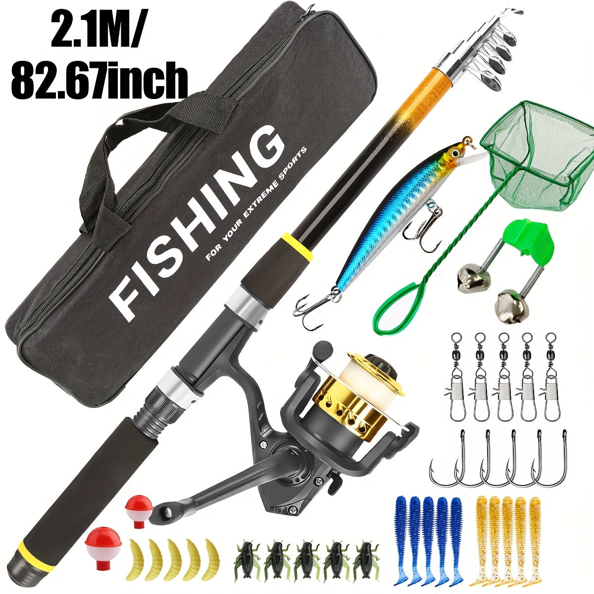 Kit de pêche complet pour débutant avec canne et moulinet – Canne spinning medium light avec leurres souples et durs, moulinet ambidextre, accessoires inclus, set de démarrage complet pour adultes et enfants