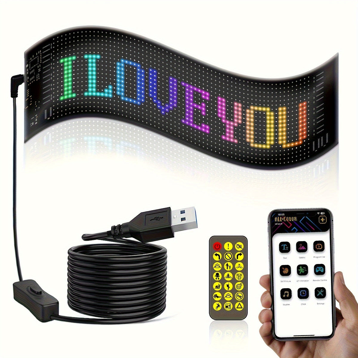 Panneau d'affichage LED matriciel flexible 16x96 – Enseigne défilante RVB programmable avec application et télécommande, alimentée par USB, éclairage animé DIY pour boutique, magasin, hôtel, voiture, décoration intérieure