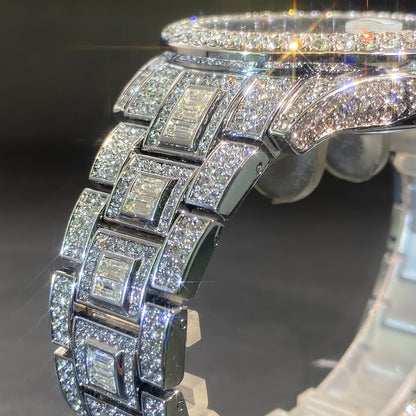 Montre à quartz de luxe avec strass pour hommes et femmes – Montre hip-hop étanche avec date automatique en or et argent, cadran en zircon cubique scintillant, parfaite pour les fêtes et le quotidien
