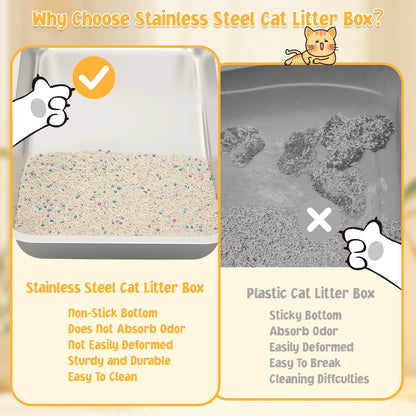 Bac à litière pour chat en acier inoxydable à bords hauts, bac anti-fuites avec pelle et plateau de tamisage, résistant à la rouille, anti-odeurs, anti-adhésif, facile à nettoyer, toilettes pour chats d'intérieur, taille moyenne à grande