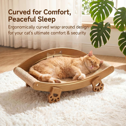 Chaise longue griffoir pour chat en sisal naturel avec jouet balle suspendue – Lit pour chat incurvé en bois massif, canapé anti-rayures pour chaton, protecteur de meubles pour chats d'intérieur