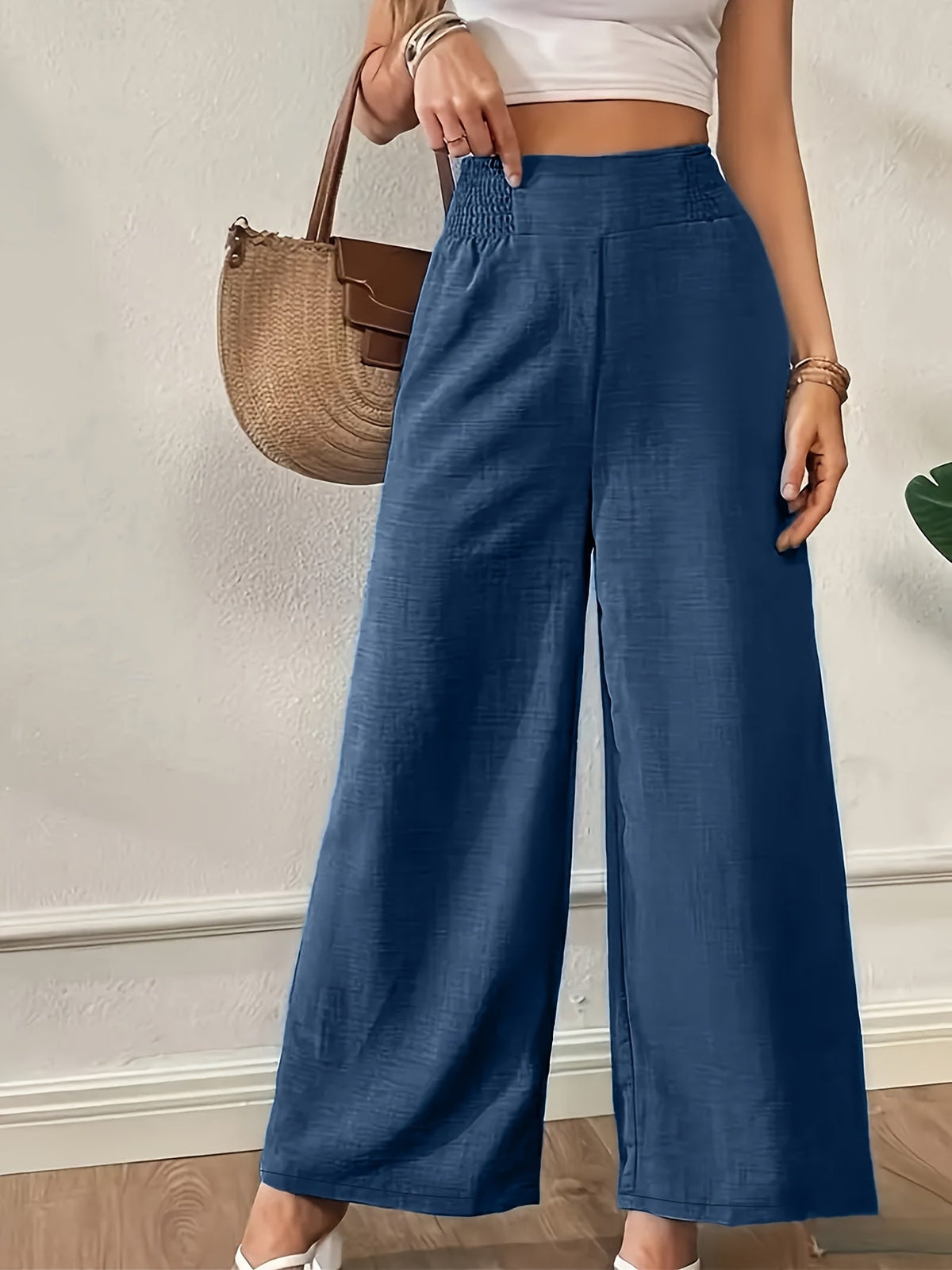 Pantalon large à taille haute pour femme, pantalon droit à taille élastique | Tenue élégante, décontractée, de bureau ou formelle, bleu clair, noir, bleu marine, rose, S M L XL XXL
