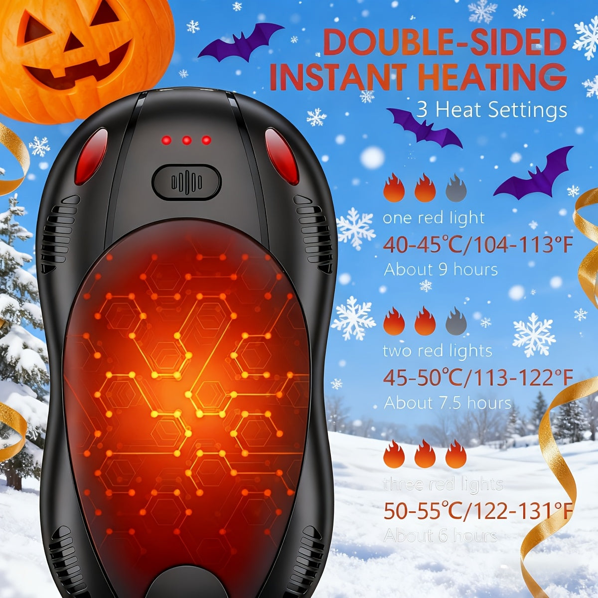 Chauffe-mains rechargeable 2-en-1 à chauffage double face avec fixation magnétique – 3 niveaux de contrôle de la température, chauffe-poche électrique portable pour le ski, le camping, la randonnée et les activités hivernales en extérieur