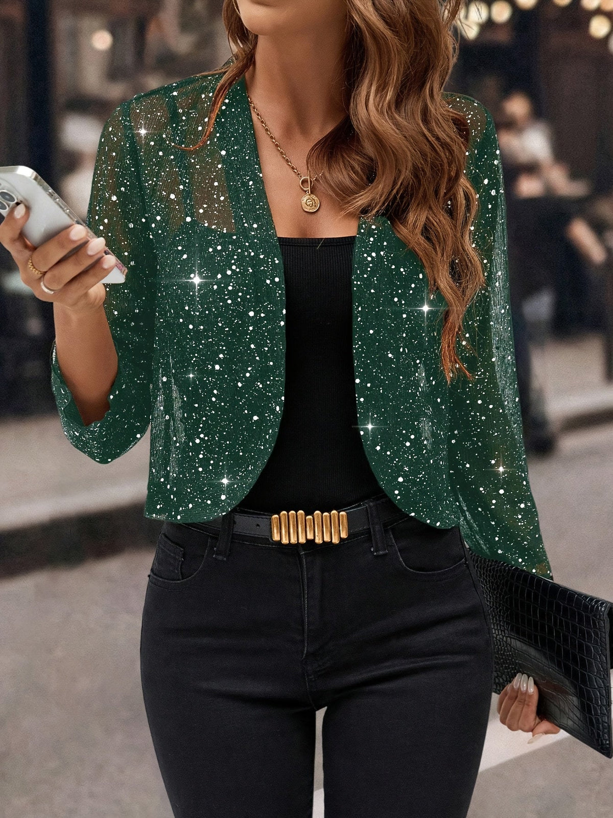 Gilet court à paillettes pour femme – Blazer décontracté à manches 3/4 plissé doré métallisé pour le travail ou les soirées