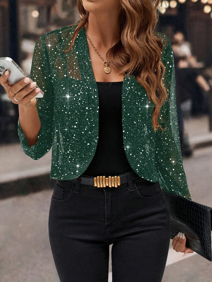 Gilet court à paillettes pour femme – Blazer décontracté à manches 3/4 plissé doré métallisé pour le travail ou les soirées