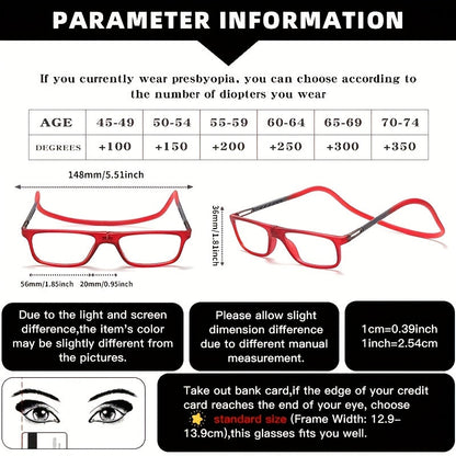 4 paires de lunettes de lecture magnétiques pliables à suspendre au cou pour hommes et femmes – Monture presbyte rétro carrée ultralégère, design télescopique anti-chute portable, puissances de +1,0 à +4,0 pour le port quotidien au bureau