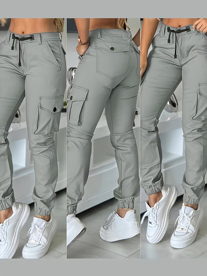 Pantalon cargo jogger taille haute pour femme, coupe ajustée, poches et cordon de serrage, pantalon décontracté cheville, printemps automne, noir kaki gris, XS-XL