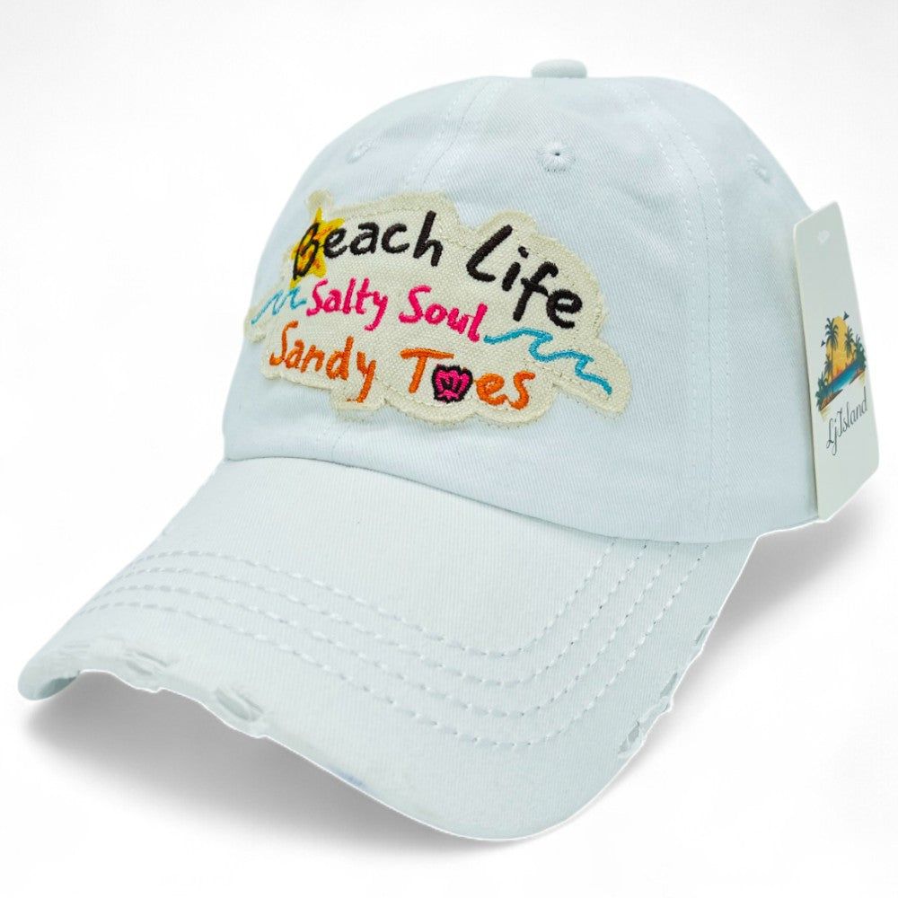 Casquette de baseball brodée, style vintage effet usé, motif « Beach Life Salty Soul Sandy Toes » – Design d'artiste local, 100 % coton, protection UV, réglable, chapeau de soleil côtier, cadeau pour amoureux de la plage