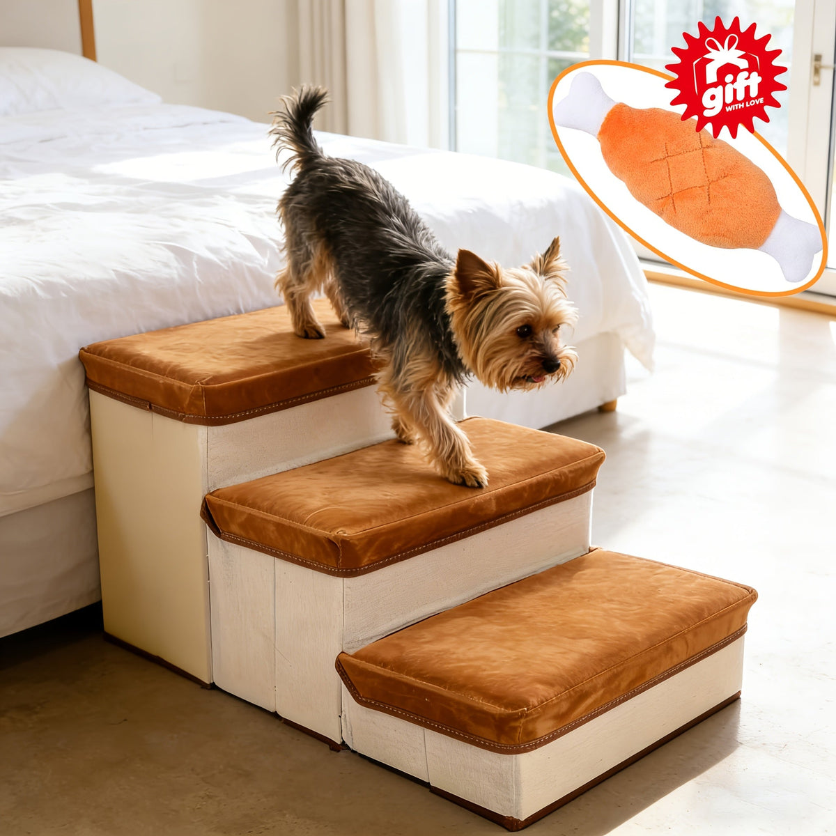 Escalier pliable pour petits chiens à 3 marches – Rampe pour animaux en nylon antidérapant pour lits et canapés surélevés, design pliable compact, marron et blanc, inclut une peluche en forme de patte de poulet en bonus