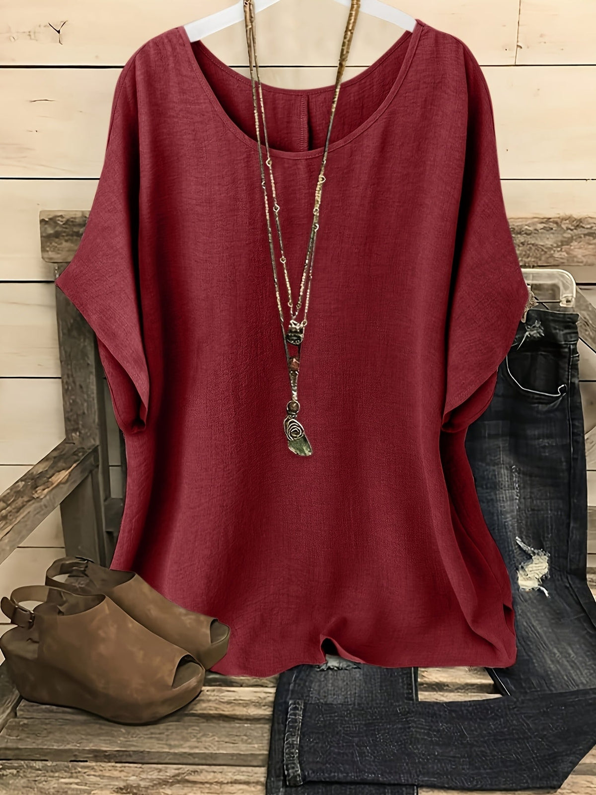 Haut de plage ample et brillant pour femme – T-shirt de vacances à manches courtes et col rond, couleur unie, pour sorties estivales décontractées
