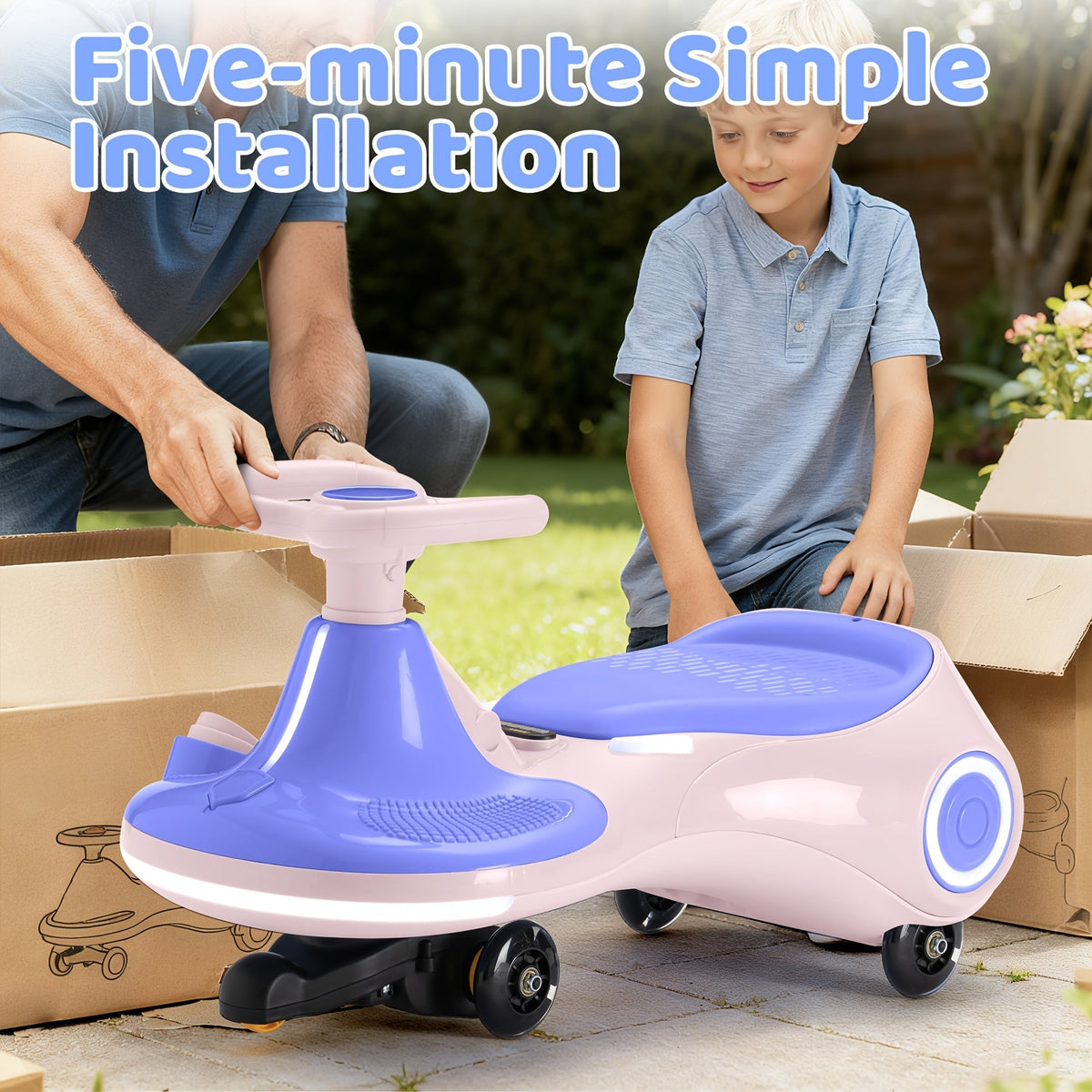 Voiture à bascule 2 en 1 rechargeable, jouet à pédales, 2 vitesses, système anti-renversement, roues lumineuses, capacité de 59 kg (130 lb), pour enfants de 3 ans et plus, cadeau d'anniversaire, de Noël ou d'Halloween, Violet Jaune Rouge