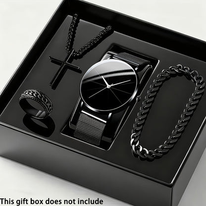 Coffret cadeau montre à quartz et bracelet pour homme, 4 pièces - Montre élégante à boîtier en alliage et cadran rond, style sport, décontracté et professionnel, avec bracelet assorti pour le quotidien, les anniversaires et les fêtes.