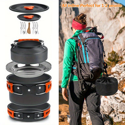 Set de cuisine de camping portable pour 2-3 personnes – Casserole antiadhésive, poêle et bouilloire avec rangement pliable, kit de cuisine d'extérieur léger pour la randonnée, le trekking et les voyages