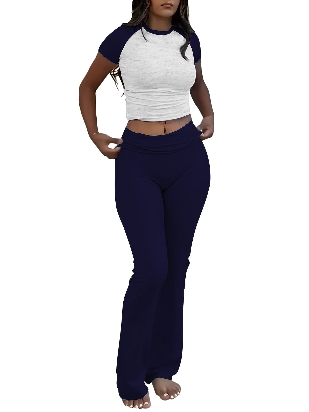 Ensemble deux pièces pour femme - T-shirt ajusté à manches courtes et col rond & pantalon moulant à pattes d'eph, tenue décontractée unie pour le quotidien, tailles XS-XL