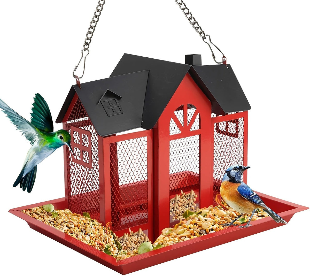 Mangeoire à oiseaux sauvage résistante aux écureuils pour extérieur – Mangeoire suspendue à grande capacité en maille métallique à 3 compartiments, résistante aux intempéries, pour cardinaux, pinsons et oiseaux de jardin, plusieurs couleurs