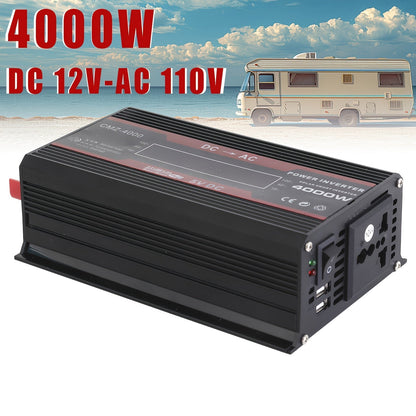 Onduleur de voiture 4000W CC 12V vers CA 110V avec écran LCD, ventilateur de refroidissement et protection contre les surcharges - Convertisseur portable de 800W nominal pour voyages en voiture, camping, activités en extérieur et kits d'urgence
