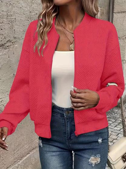 Veste zippée style baseball pour femme - Vêtement d'extérieur décontracté de couleur unie | Manteau sportif doublé en polyester avec bords-côtes, nouveauté mode automne-printemps