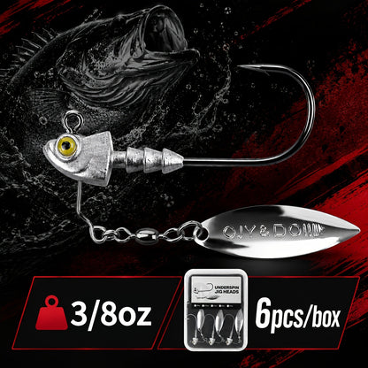 Underspin Jig Heads 6-Pack with 100% Brass Blade (Never Rust) - Bass & Saltwater Fishing Lures - 3/16oz 1/4oz 3/8oz 1/2oz Sizes Included