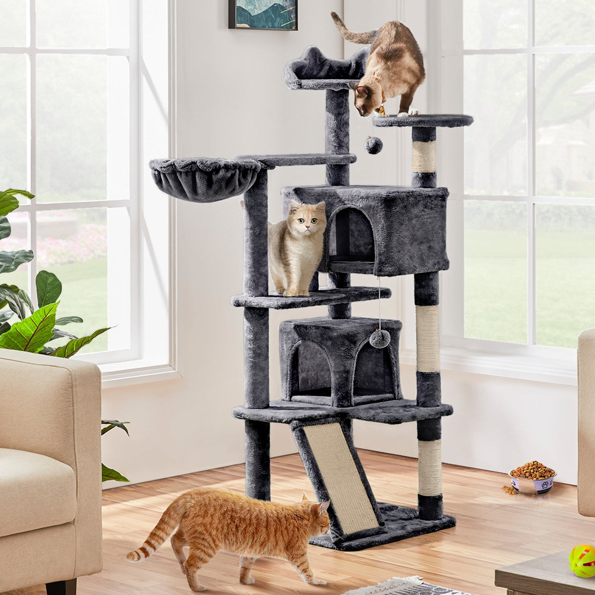 Arbre à chat multiniveaux de 145 cm avec 2 niches – poteaux à griffer en sisal, balle suspendue, plateforme ronde et échelle pour chatons et petits chats d'intérieur, 6 couleurs, cadeau de Noël pour les amoureux des chats