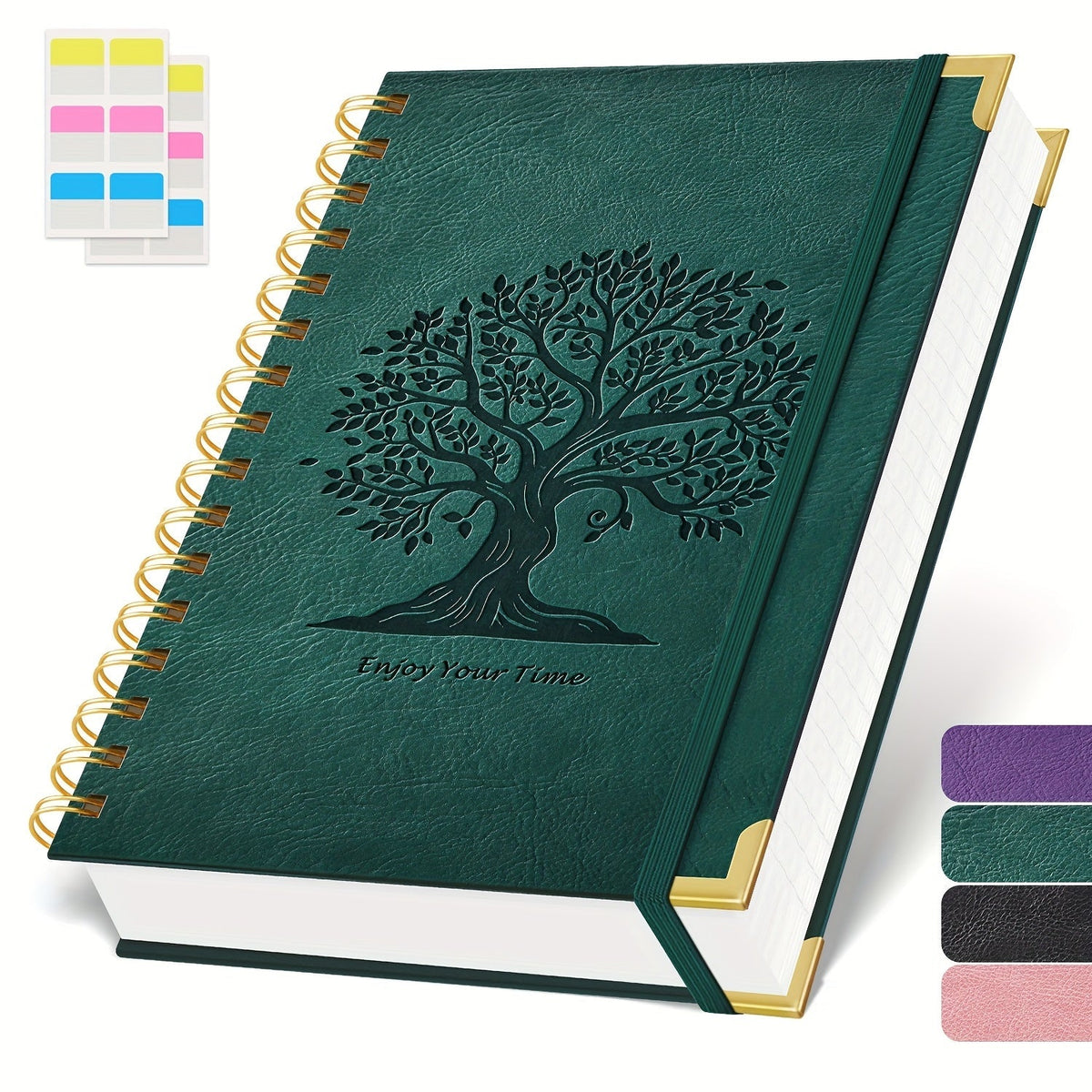 Cahier à spirales format A5 à couverture rigide, 300 pages – Papier épais 100 g/m² anti-transparence, carnet à couverture en cuir pour l'université, le travail et l'écriture – Pour hommes et femmes (Rose, Noir, Vert, Violet)