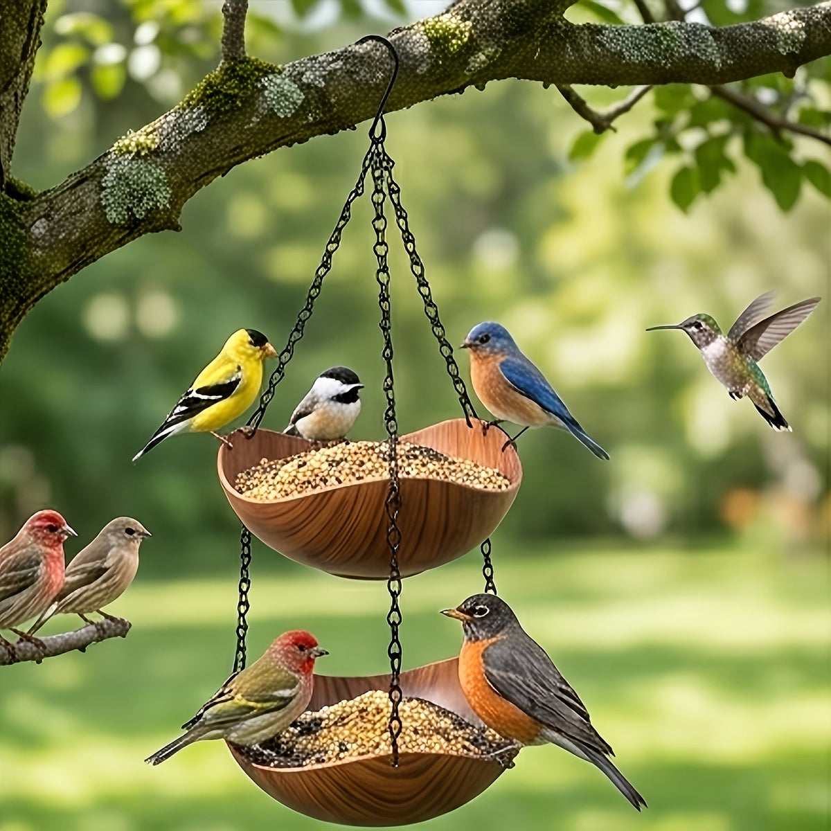 Lot de 2 mangeoires et abreuvoirs suspendus pour oiseaux - Mangeoire à un niveau en forme de bol avec aspect bois, chaîne en métal renforcée et crochet stable, mangeoire de jardin spacieuse pour oiseaux sauvages