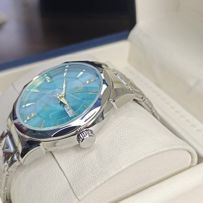 Montre à quartz pour homme RUIGE – Veilleuse, double calendrier, cadran à facettes façon diamant, boîtier en acier inoxydable, bracelet en alliage, montre-bracelet business décontracté, cadeau idéal pour la fête des pères