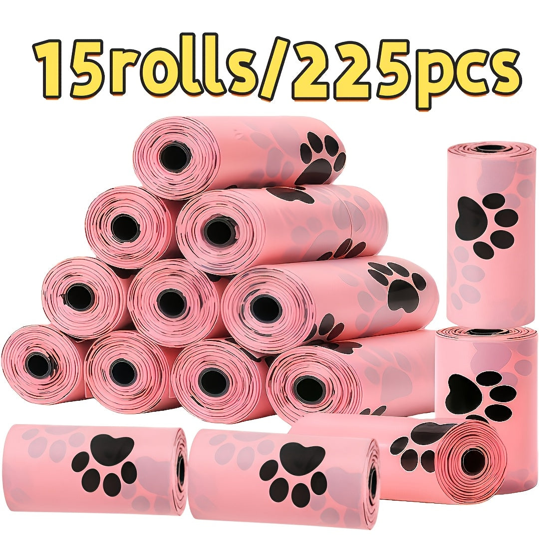 Sacs à déjections canines avec motif d'empreintes de pattes – 15 rouleaux/225 sacs épais et étanches pour chiens et chats, rouleaux prédécoupés faciles à détacher, portables pour les promenades et le nettoyage en extérieur, motif pattes de chat rose