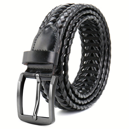 Men's Leather Braided Belt – Woven Hollow Design with Gold Zinc Alloy Buckle, Casual Dress Belt for Golf Pants Jeans Everyday Wear, Sizes 34" to 50", Great Gift for Dad
