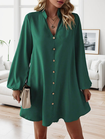 Robe midi évasée à col en V et manches longues pour femme, élégante, unie et boutonnée, idéale pour le printemps, l'été, les fêtes ou le quotidien
