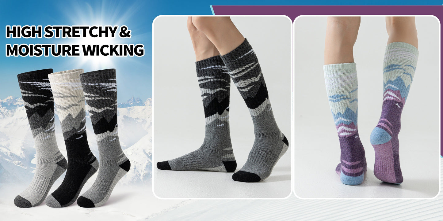 Wool Ski Socks 3 Pairs Thermal Knee High for Men & Women – Thick Warm Winter Socks for Skiing, Snowboarding & Outdoor Sports, 70% Wool, Sizes M & L, Multicolor / Dark / Snow Mountain
