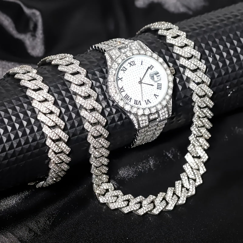 Ensemble de montre Hip Hop pour homme avec strass, chaîne cascade et collier – Parure de bijoux avec montre à quartz étincelante pour homme, 3 et 5 pièces, cadeau idéal pour les fêtes