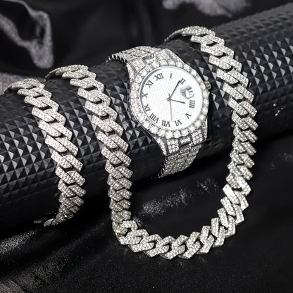 Ensemble de montre Hip Hop pour homme avec strass, chaîne cascade et collier – Parure de bijoux avec montre à quartz étincelante pour homme, 3 et 5 pièces, cadeau idéal pour les fêtes
